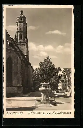 AK Nördlingen, St. Georgskirche und Kriegerbrunnen