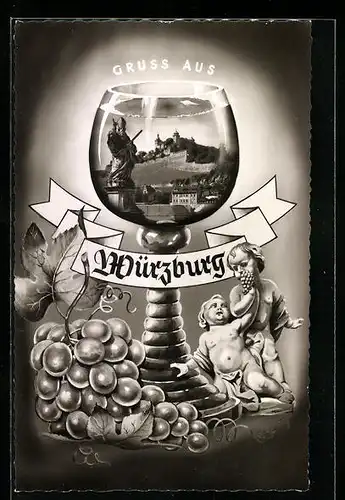 AK Würzburg, Teilansicht der Stadt im Weinglas