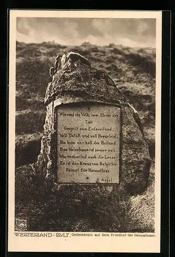 AK Westerland /Sylt, Gedenkstein auf dem Friedhof der Heimatlosen