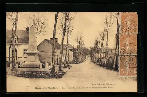 AK Neuvy-Saint-Sèpulcre, La Route de La Chatre et le Monument aux Morts