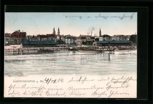 AK Ludwigshafen a. Rh., Totalansicht mit Dampfer