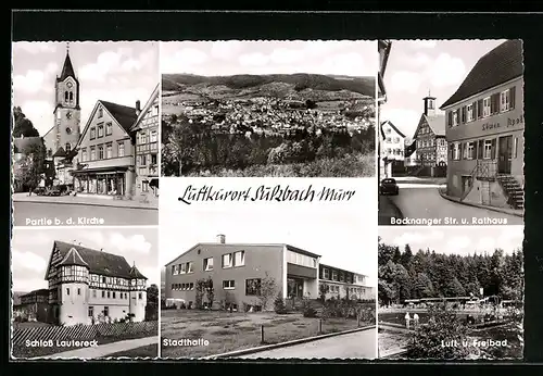 AK Sulzbach-Murr, Partie b. d. Kirche, Freibad, Backnanger Str. u. Rathaus