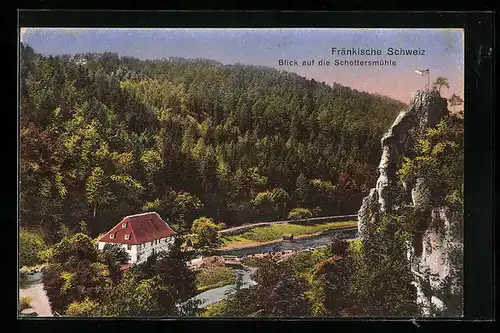 AK Schottersmühle /Fränk. Schweiz, Ortsansicht mit Gasthaus u. Wald