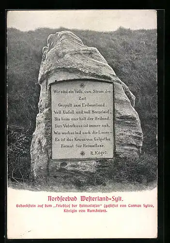 AK Westerland-Sylt, Gedenkstein auf Friedhof der Heimatlosen