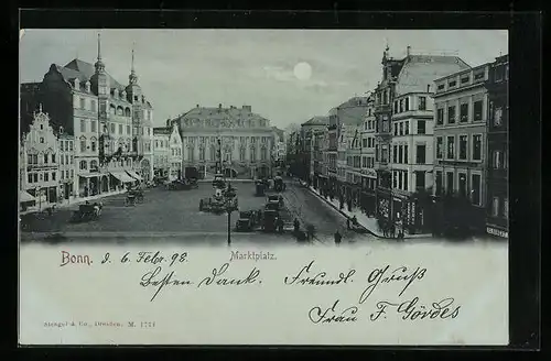 Mondschein-AK Bonn, Marktplatz mit Kutschen