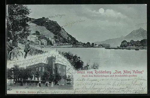 Mondschein-AK Rodderberg, Gasthaus Zum Alten Vulkan, nach Rolandsbogen u. Drachenfels gesehen