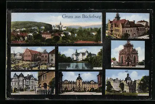 AK Bückeburg, Ansichten vom Ort, Rathaus, Lutherkirche u. Neues Palais
