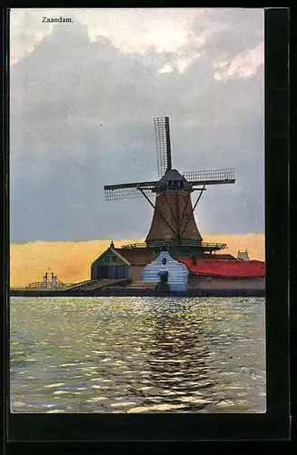 Künstler-AK Photochromie Nr. 2961: Zaandam, Windmühle am Wasser