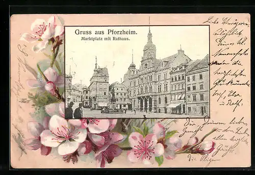 AK Pforzheim, Marktplatz mit Rathaus, Rahmen aus Kirschblüten