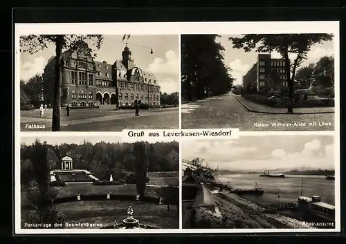 AK Leverkusen-Wiesdorf, Rathaus, Kaiser Wilhelm-Allee mit Löwe und Rheinansicht