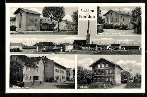 AK Emertsham, Schule, Gem. Kanzlei-Haus, Totalansicht mit Kirche