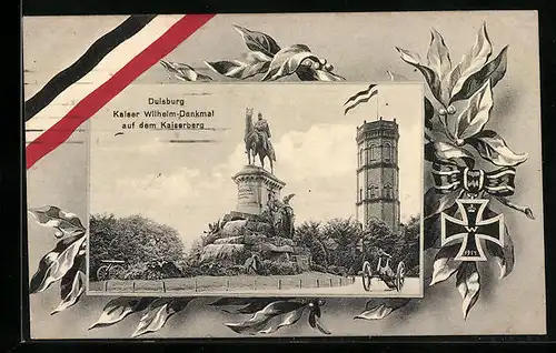 AK Duisburg, Kaiser Wilhelm-Denkmal auf dem Kaiserberg, Reichsflagge