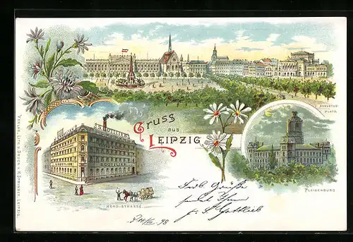 Lithographie Leipzig, Geschäftshaus Nord-Strasse, Pleisenburg, Augustus-Platz