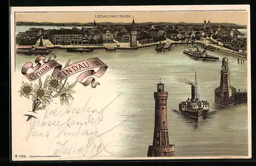 Lithographie Lindau i / B., Panorama und Dampfer
