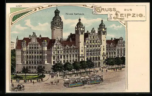 Lithographie Leipzig, Strassenbahn passiert Neues Rathaus