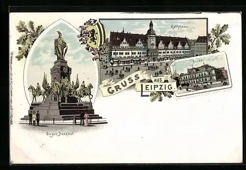 Lithographie Leipzig, Rathaus, Sieges-Denkmal u. Börse