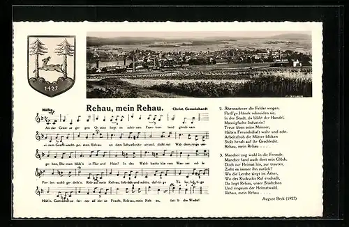 AK Rehau, Ortsansicht, Lied von August Beck, Wappen