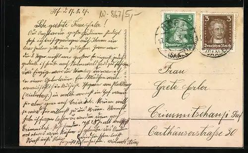 AK Hof i. B., Theresienstein, Springbrunnen