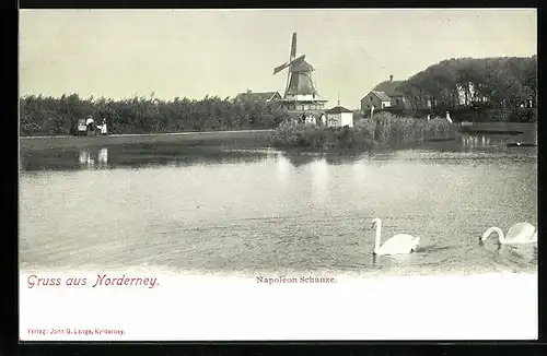 AK Norderney, Napoleon Schanze mit Windmühle und Schwänen