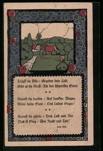 Steindruck-AK Idyllisch gelegenes Dorf, Gedicht von Luise Rolf