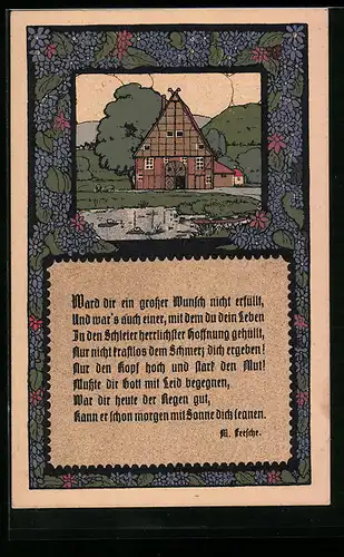 Steindruck-AK Bauernhaus am Wasser, Gedicht von M. Feesche