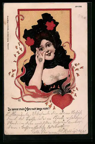 Künstler-AK Bruno Bürger & Ottillie Nr. 1781: Du kennst mein Herz noch lange nicht!, Dame winkt zum Abschied, Jugendstil