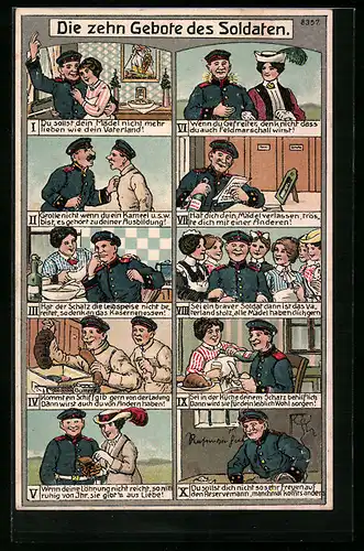 Künstler-AK Bruno Bürger & Ottillie Nr. 8357: Die zehn Gebote des Soldaten, Du sollst dein Mädel nicht mehr lieben...