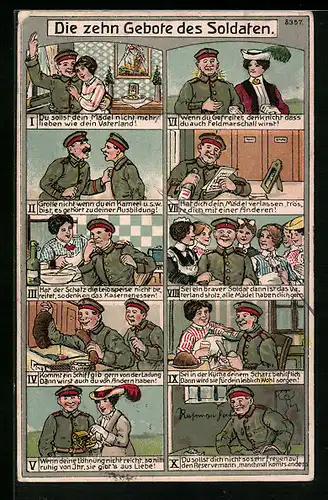 Künstler-AK Bruno Bürger & Ottillie Nr. 8357: Die zehn Gebote des Soldaten, Scherz