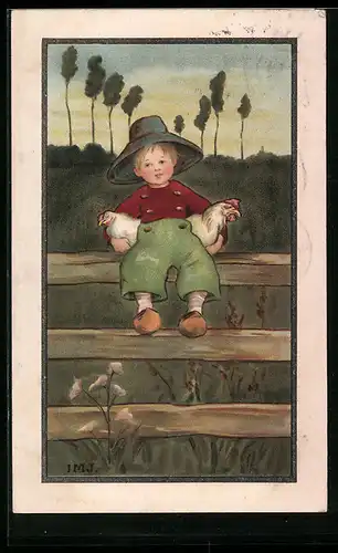 Künstler-AK I.M.J.: Junge mit Hühnern auf einem Zaun