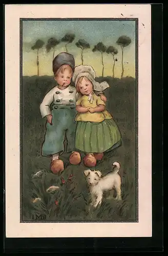 Künstler-AK I.M.J.: Kinderpaar auf Wiese mit Hund