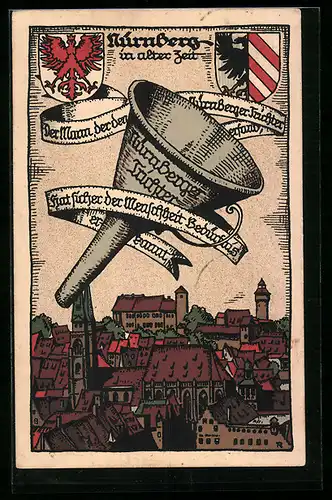 Steindruck-AK Nürnberg, Stadtansicht mit Nürnberger Trichter