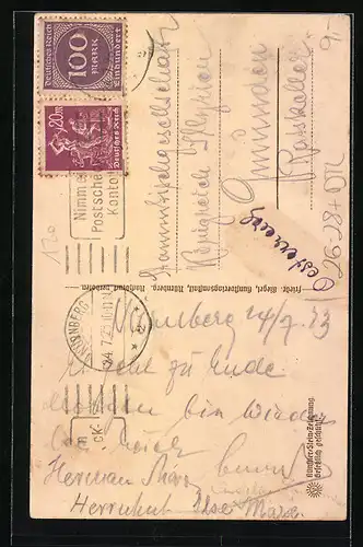 Steindruck-AK Nürnberg, Stadtansicht mit Nürnberger Trichter