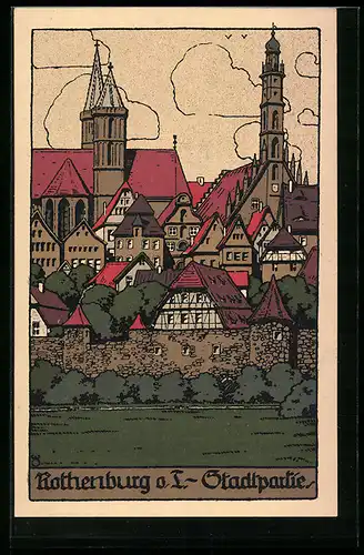 Steindruck-AK Rothenburg o. T., Stadtpartie
