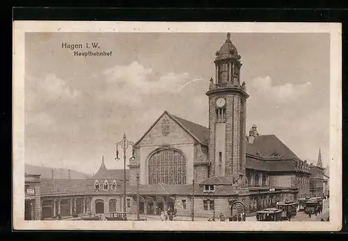 AK Hagen i. W., Strassenbahnen vor dem Hauptbahnhof