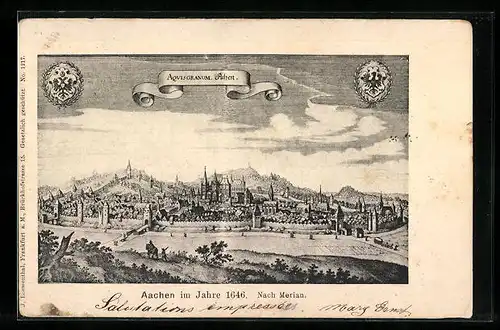 Künstler-AK Aachen, Generalansicht der Stadt von 1646, Merian