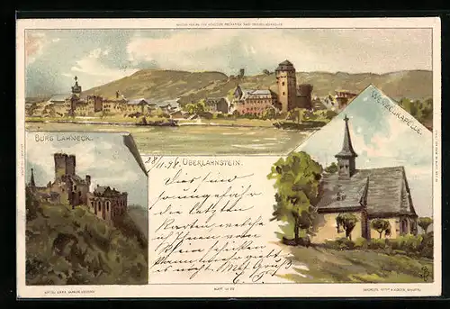Künstler-AK Carl Biese: Oberlahnstein, Generalansicht, Burg Lahneck, Wenzelkapelle