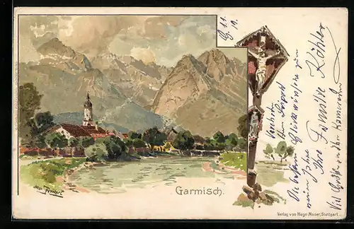 Künstler-AK Otto Strützel: Garmisch, Wegekreuz, Blick auf den Ort und die kleine Kirche