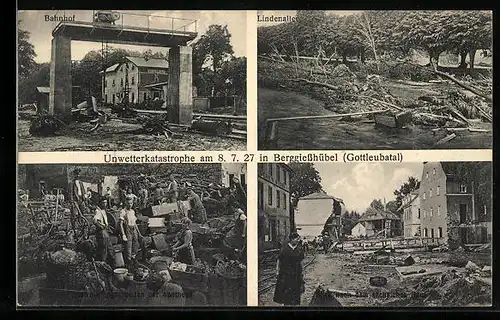 AK Berggiesshübel im Gottleubatal, Lindenallee, Bahnhof, Unwetterkatastrophe am 08.07.1927