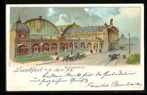 Lithographie Frankfurt a. M., Kutschen vor dem Hauptbahnhof