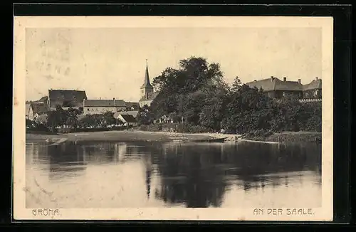 AK Gröna, am Saaleufer, Blick zur Kirche