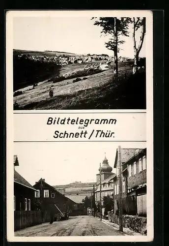 AK Schnett i. Thür., Generalansicht der Stadt, Strasse durch den Ort