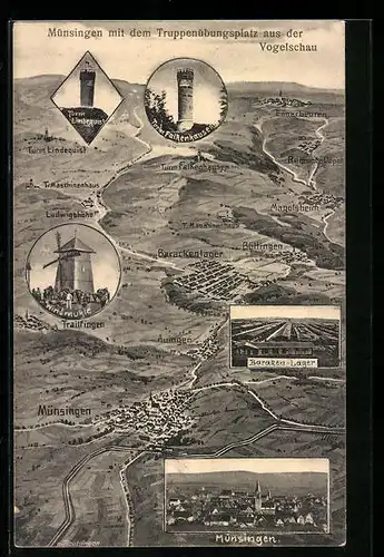 AK Münsingen, Landkarte mit der Umgebung, dem Truppenübungsplatz mit Windmühle, Turm Falkenhausen und das Baracken Lager