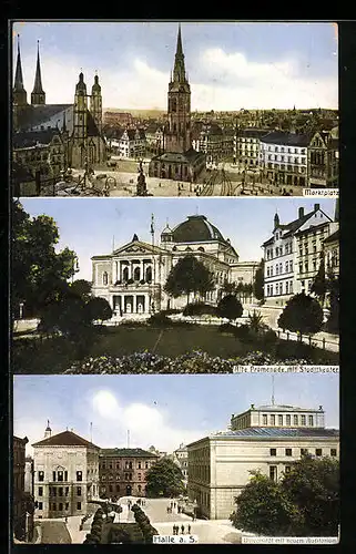 AK Halle a. Saale, Marktplatz mit Rotem Turm, Alte Promenade mit Stadttheater, Universität