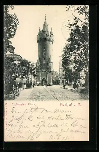 AK Frankfurt a. Main, Kutschen am Strasenrand vor dem Eschenheimer Turm