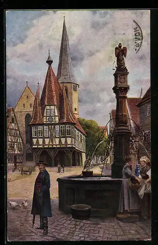 Künstler-AK Michelstadt i. O., Rathaus am Marktplatz, Passant am Brunnen