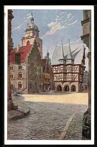 Künstler-AK Alsfeld i. Hessen, Blick auf das Rathaus am Marktplatz