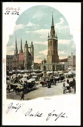 AK Halle a. Saale, Kutschen auf dem Marktplatz, Roter Turm und Wochenmarkt