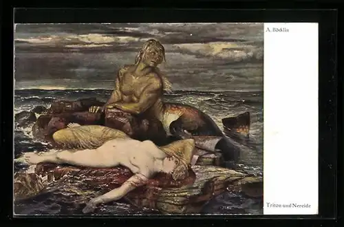 Künstler-AK Arnold Böcklin: Triton und Nereide auf dem Felsen