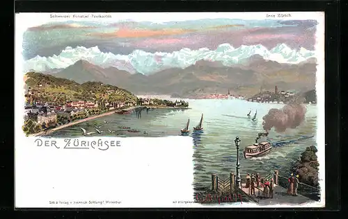 Künstler-AK C. Steinmann Nr. 2107: Zürichsee, Dampfer auf dem See mit Blick auf Zürich
