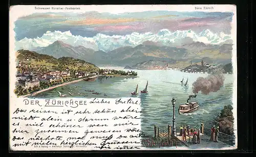 Künstler-AK C. Steinmann Nr. 2107: Zürichsee, Gebirgspanorama mit Blick auf Zürich